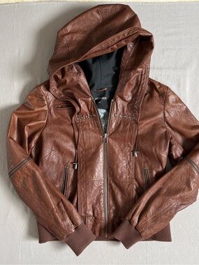 Danier Genuine Leather Hooded Jacket Brown Moto Bomber Studded Zip Women’s Large